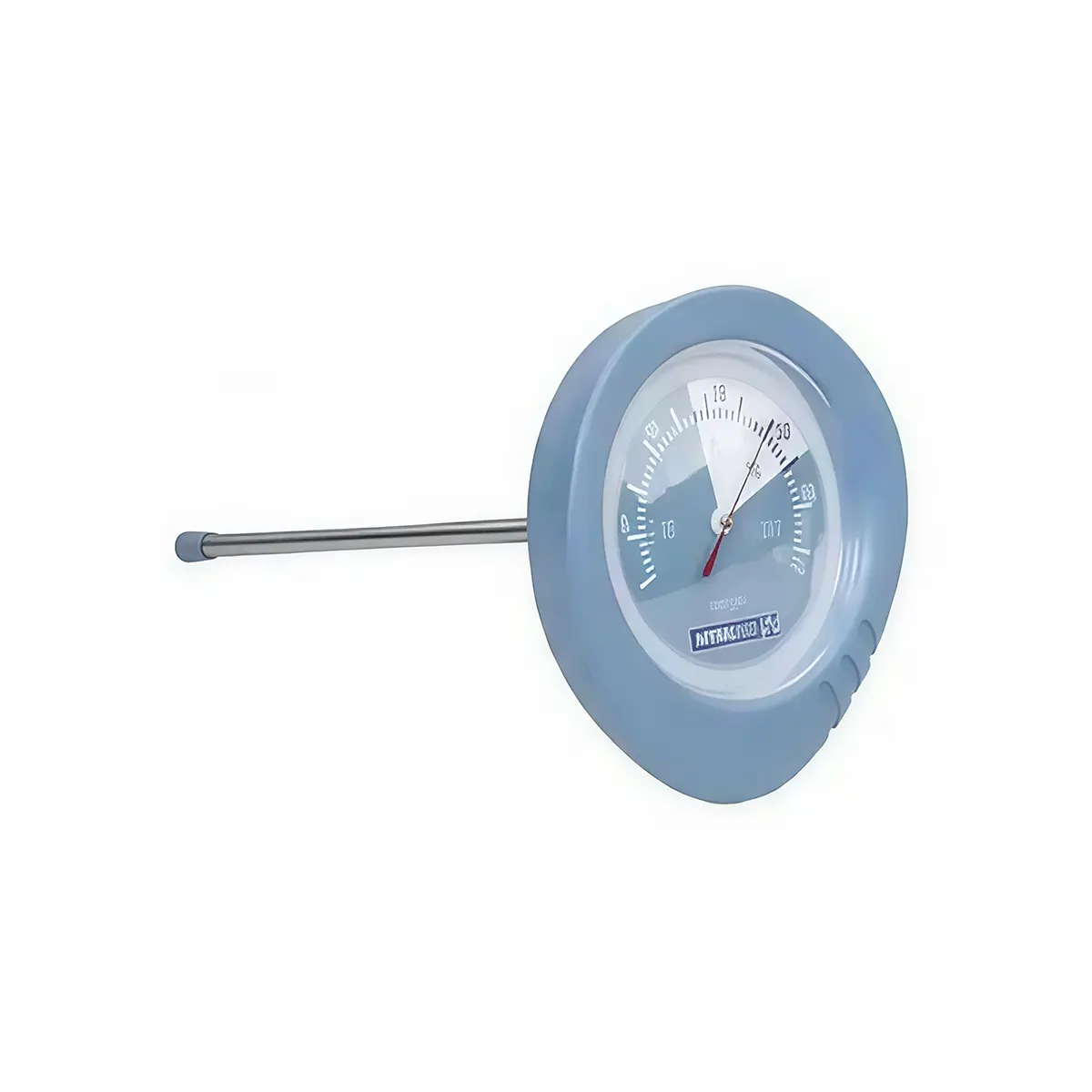 Αναλογικό θερμόμετρο πισίνας Shark με στρογγυλή μπλε πρόσοψη και μεταλλικό αισθητήρα θερμοκρασίας.