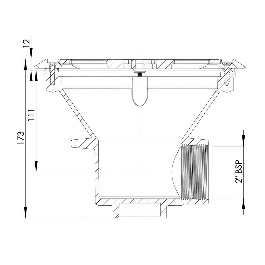 Τεχνικό διάγραμμα αποχέτευσης πισίνας με πλευρική έξοδο 2" BSP και διαστάσεις εγκατάστασης
