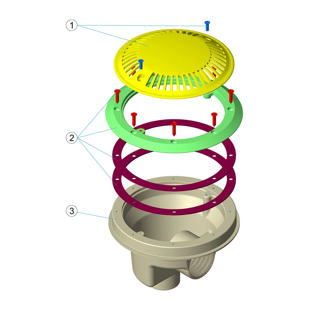 διάγραμμα αποχέτευσης πισίνας με σχάρα, δακτυλίους στεγανοποίησης και βίδες συναρμολόγησης