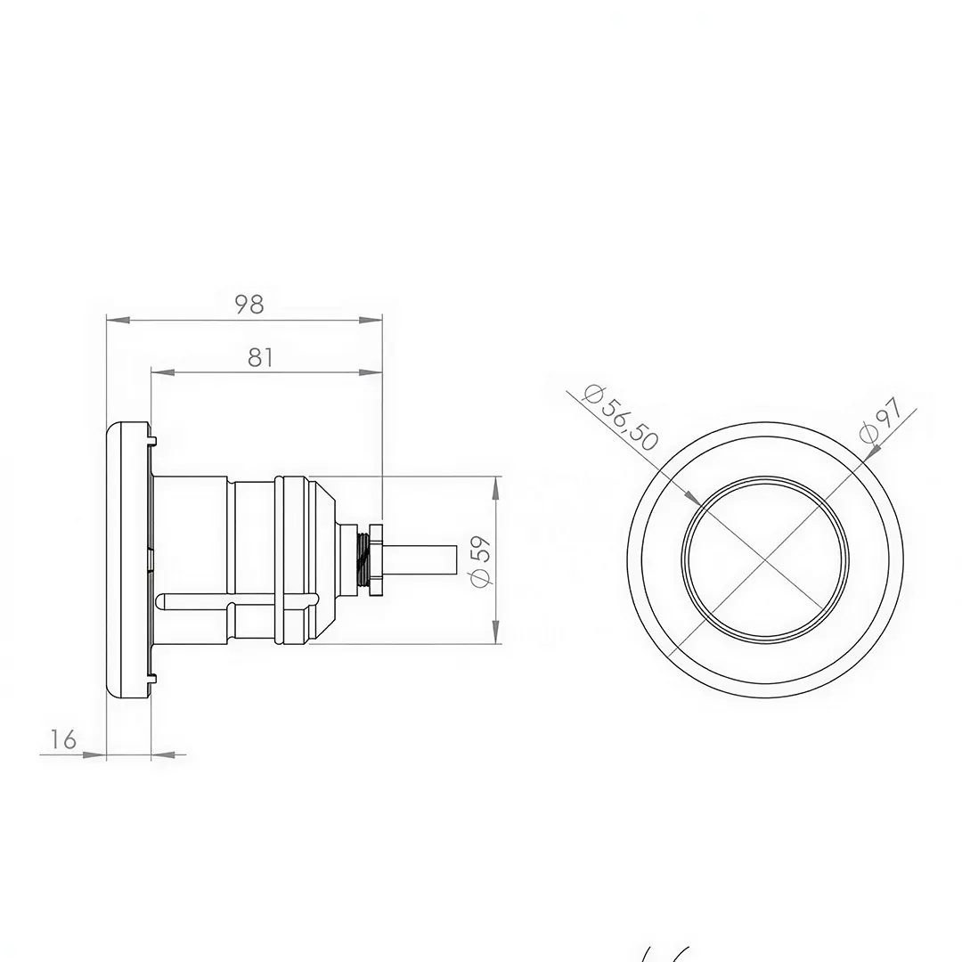 Διαστάσεις φωτιστικού πισίνας Astral Mini LED λευκό, με τεχνικό σχέδιο και διαμέτρους τοποθέτησης για εντοιχισμένη εγκατάσταση.