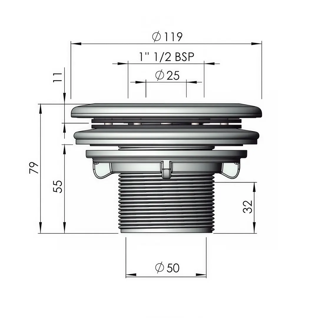 Τεχνικό διάγραμμα Astral Multiflow στόμιο επιστροφής πισίνας 2" με σπείρωμα 1 1/2 BSP και διάμετρο Ø50 mm