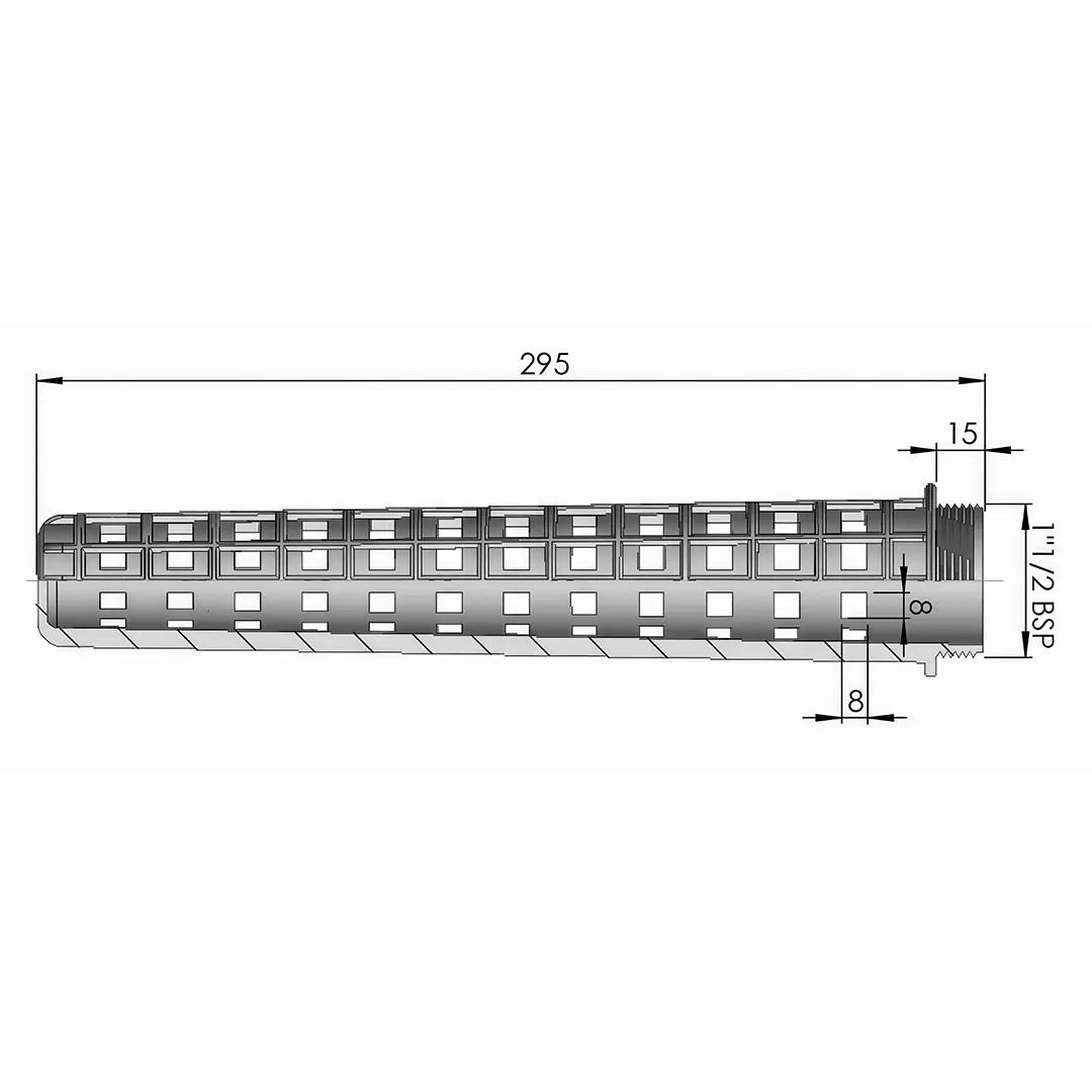 Τεχνικό διάγραμμα σωλήνα αποστράγγισης πισίνας Astral με σπείρωμα 1 1/2 BSP και μήκος 295 mm