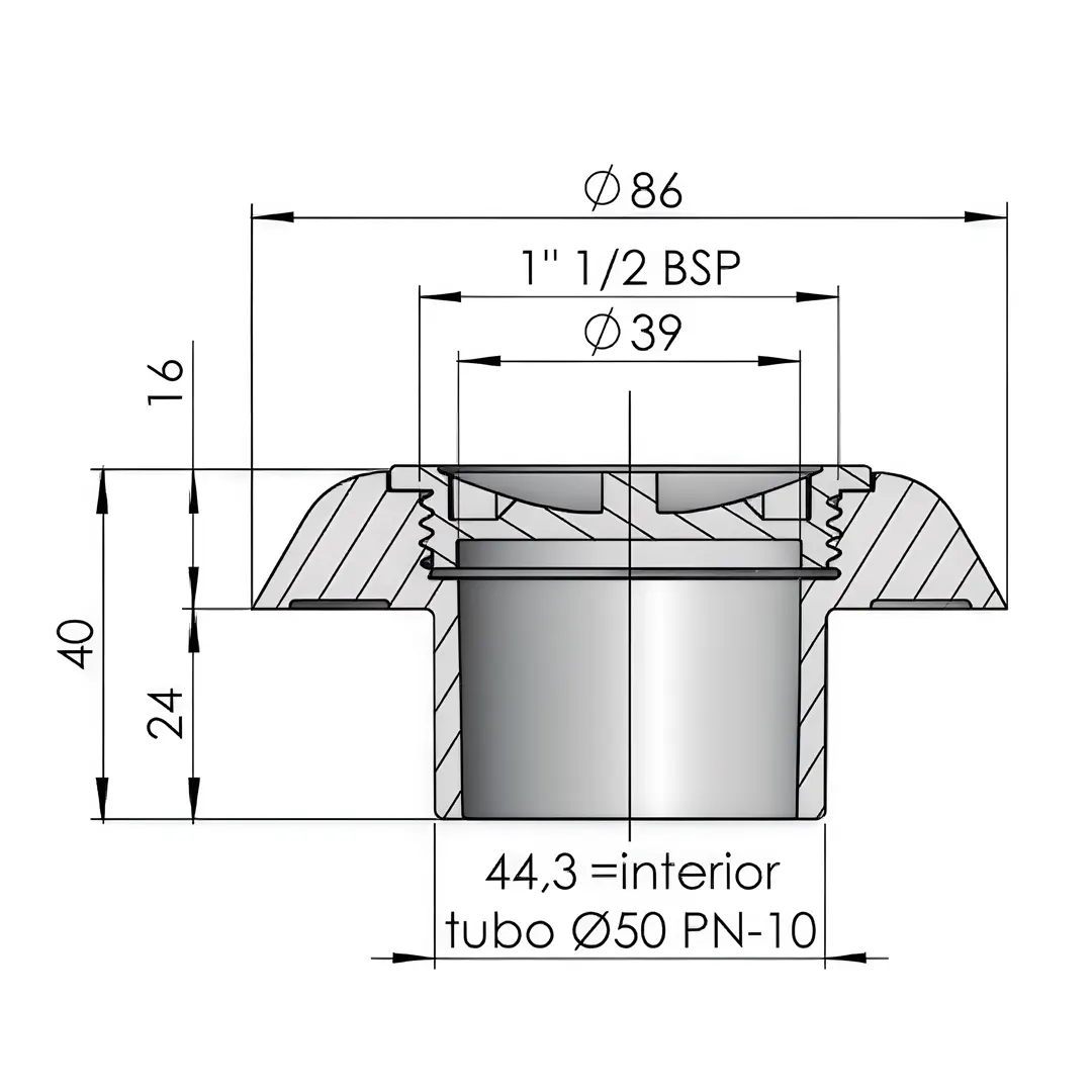 Τεχνικό σχέδιο με διαστάσεις για στόμιο σκούπας πισίνας Astral Φ50 με σύνδεση 1½″ BSP και σωλήνα Ø50 PN-10.