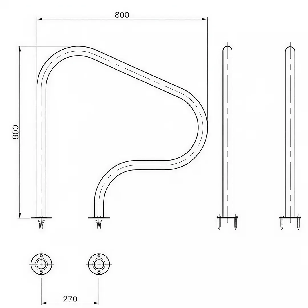 Χειρολαβή εξόδου πισίνας Inox 316 με πλάκα στερέωσης – τεχνικό σχέδιο με διαστάσεις 800 x 800 mm και απόσταση βάσης 270 mm
