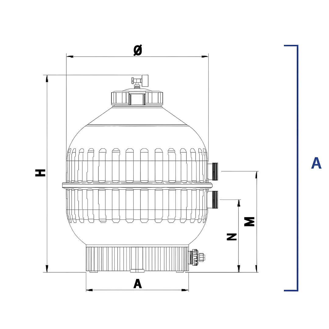 Διαστάσεις φίλτρου πισίνας με τεχνικό σχέδιο, ένδειξη ύψους, διαμέτρου και συνδέσεων