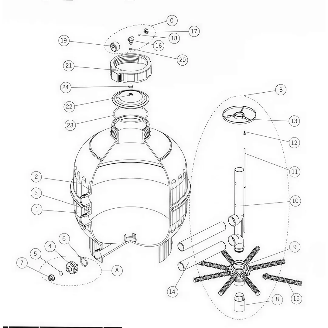 Ανάλυση εξαρτημάτων φίλτρου πισίνας Cantabric με σχεδιάγραμμα συναρμολόγησης