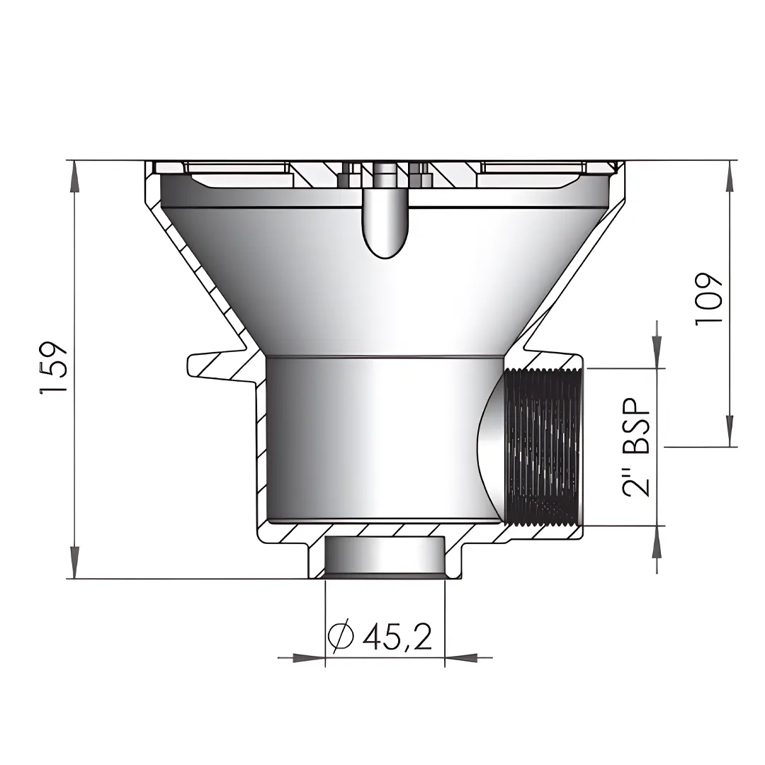 Τεχνικό σχέδιο με διαστάσεις για κυκλική κύρια αποχέτευση πισίνας Astral με έξοδο 2″ BSP.