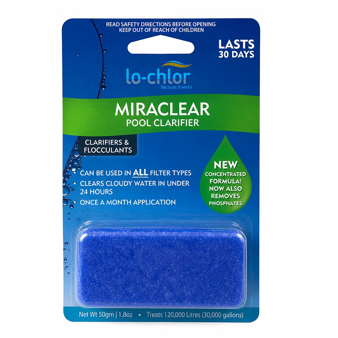 Μπροστινή συσκευασία Lo-Chlor Miraclear Pool Clarifier για καθαρισμό θολού νερού πισίνας και αφαίρεση φωσφορικών