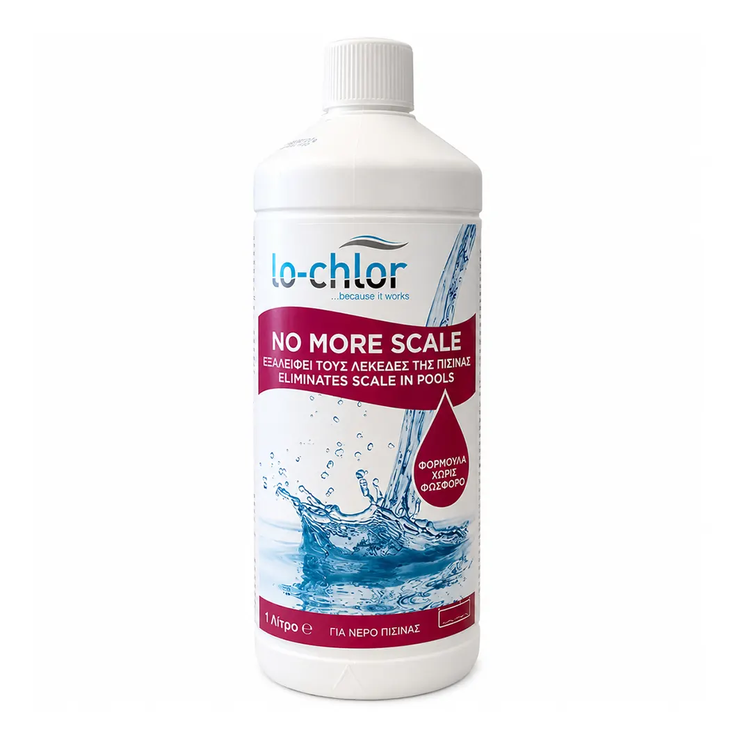 Lo-Chlor No More Scale καθαριστικό αλάτων πισίνας 1 λίτρου σε λευκό φόντο υψηλής ανάλυσης