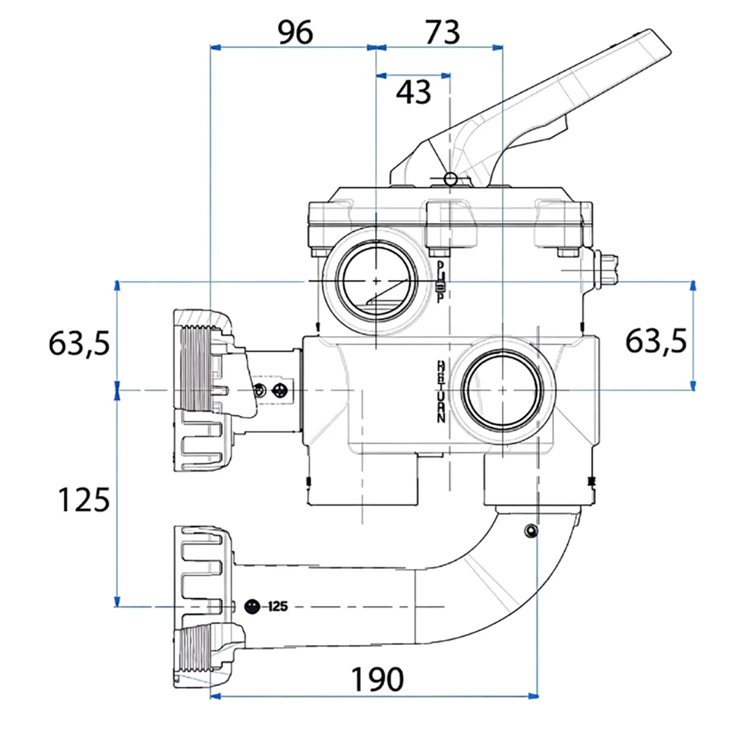 Τεχνικό σχέδιο διαστάσεων πολυβάνας φίλτρου πισίνας F50