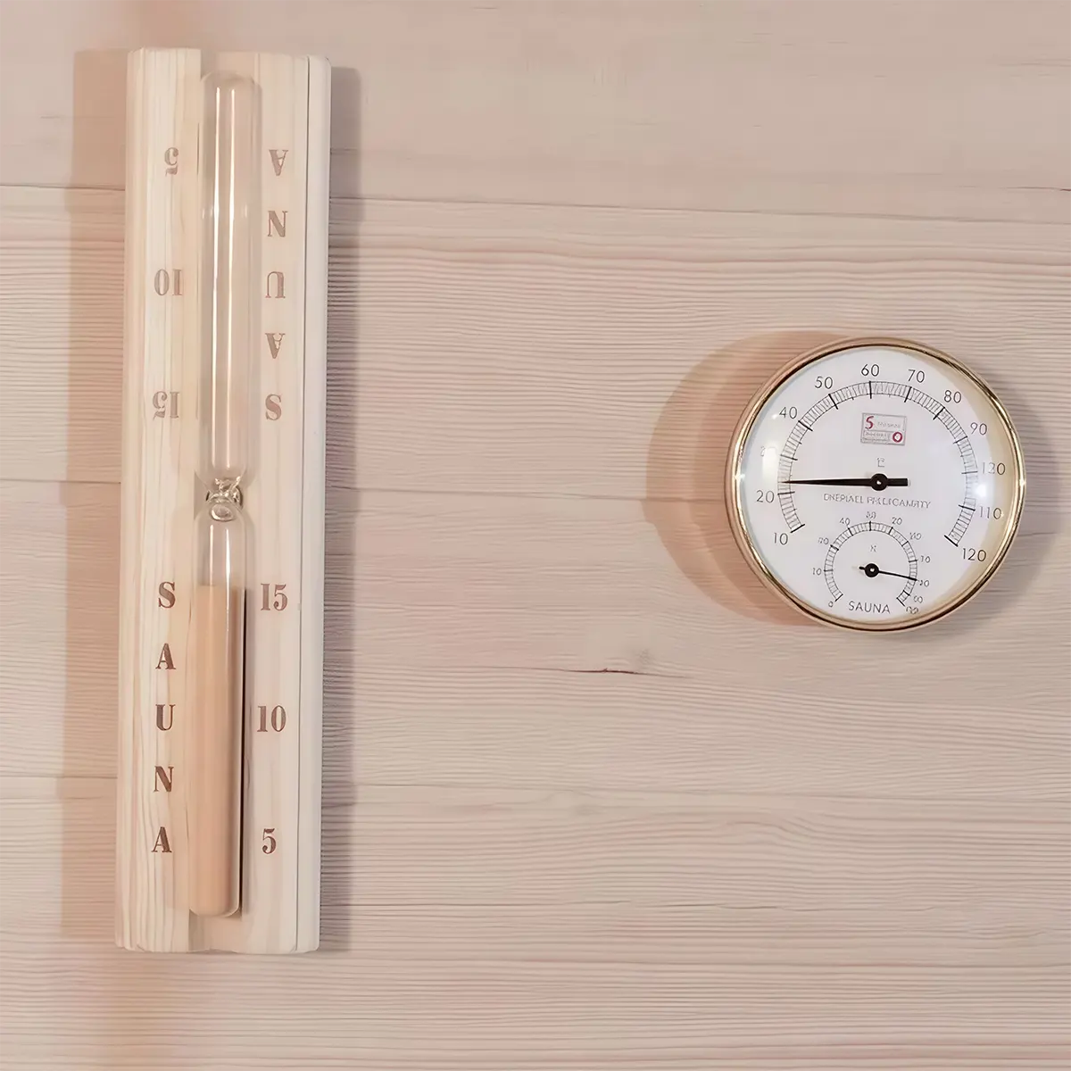 Ξύλινη σάουνα με θερμόμετρο και κλεψύδρα