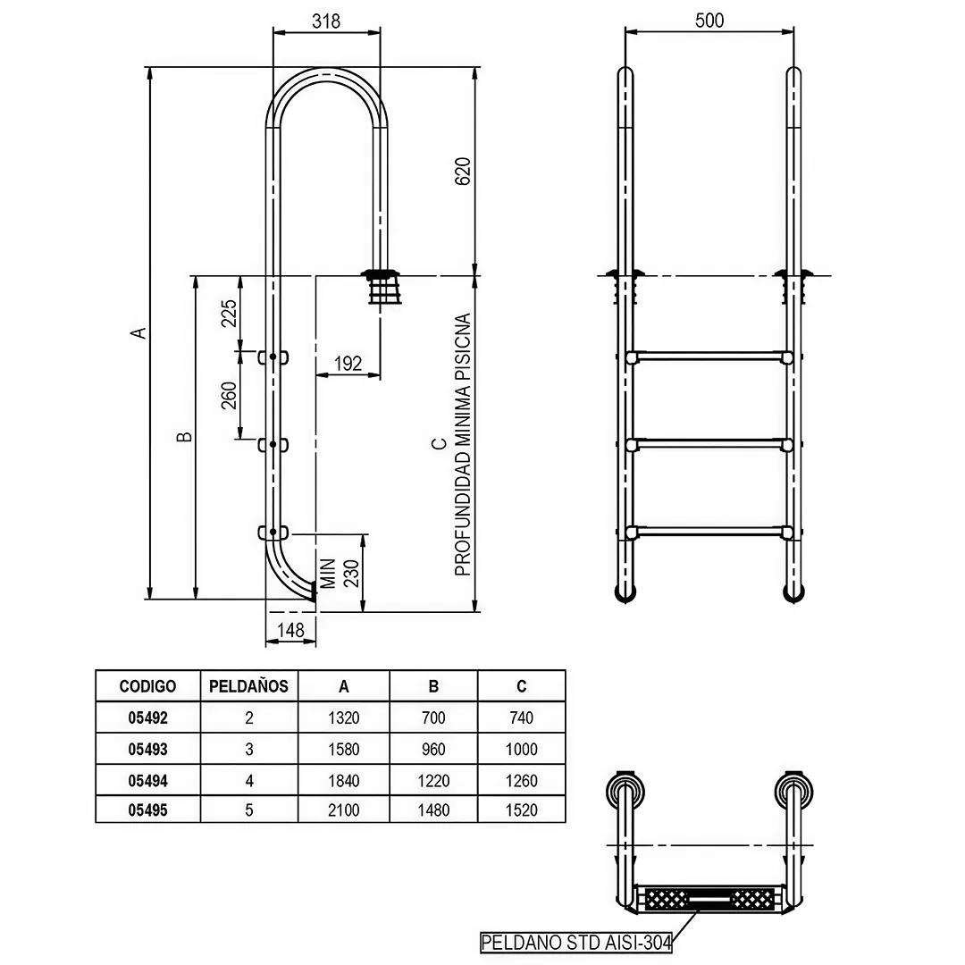 Τεχνικό σχέδιο με διαστάσεις σκάλας πισίνας τύπου MURO από ανοξείδωτο ατσάλι