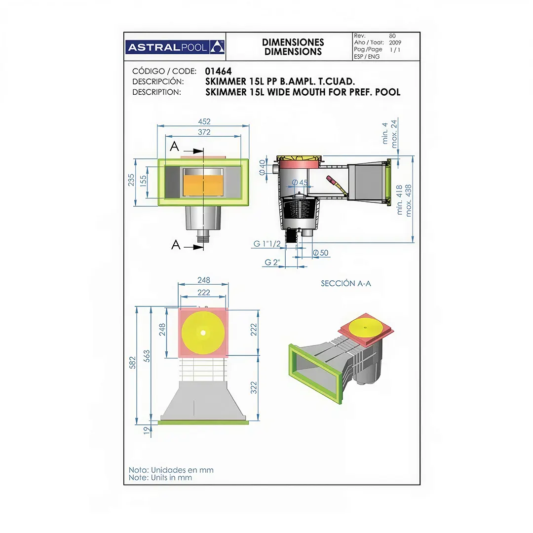 Τεχνικό διάγραμμα skimmer πισίνας με διαστάσεις και συνδέσεις 1 1/2", 2" και Ø50 mm
