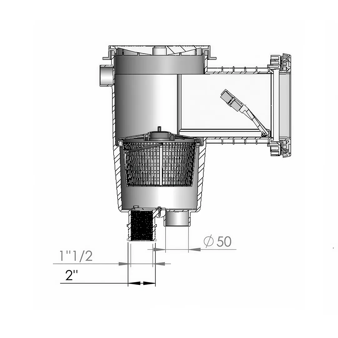 Διάγραμμα skimmer πισίνας ABS με συλλέκτη φύλλων και συνδέσεις 1 1/2", 2" και Ø50 mm