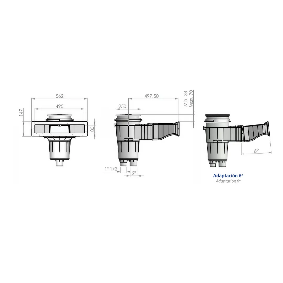 Τεχνικό σχέδιο με διαστάσεις για skimmer πισίνας μπετού NORM 17.5L με στόμιο 495x80 mm και προσαρμογή 6°.