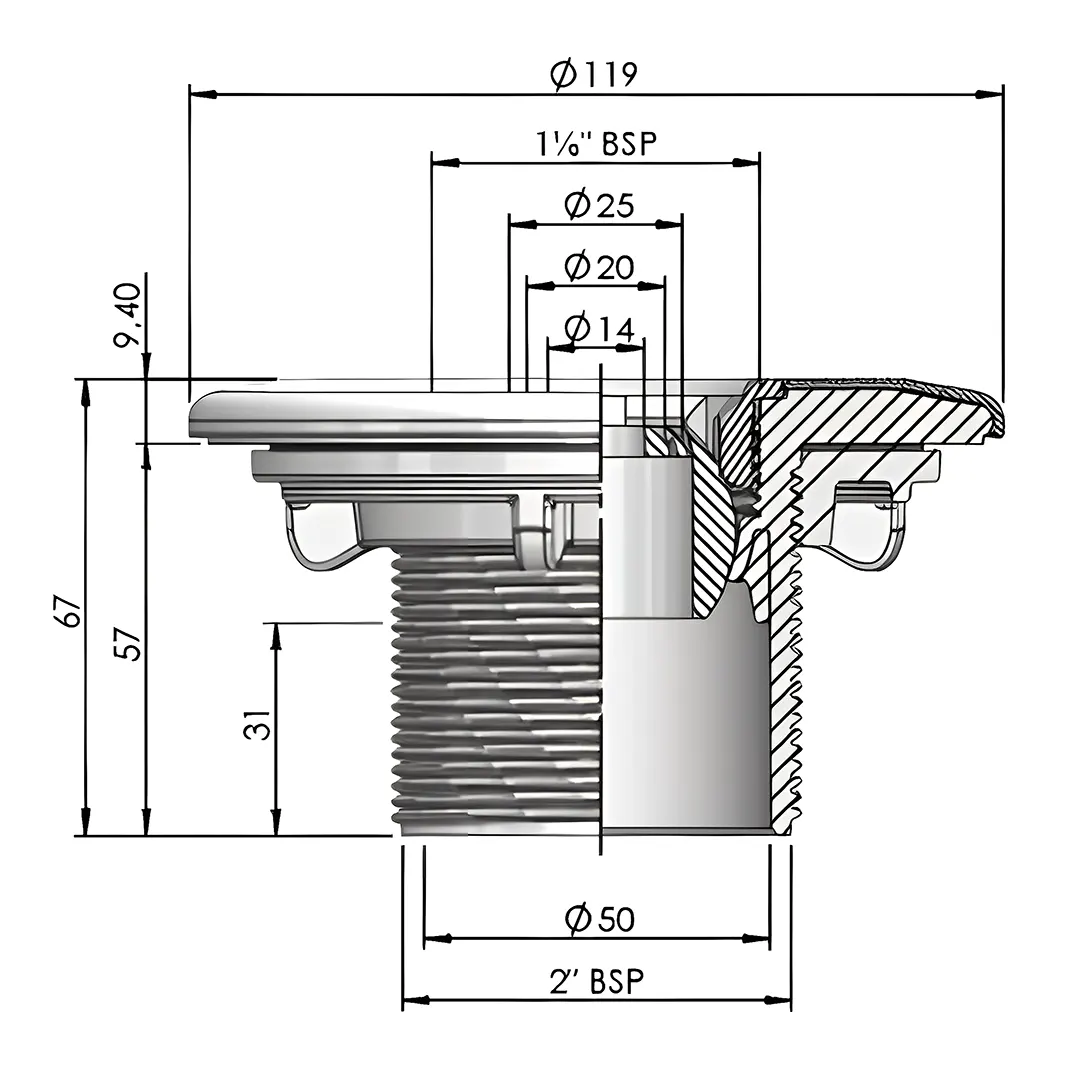 Τεχνικό σχέδιο με διαστάσεις για στόμιο επιστροφής τοίχου Astral Multiflow για πισίνα με σύνδεση Ø50 και σπείρωμα BSP.