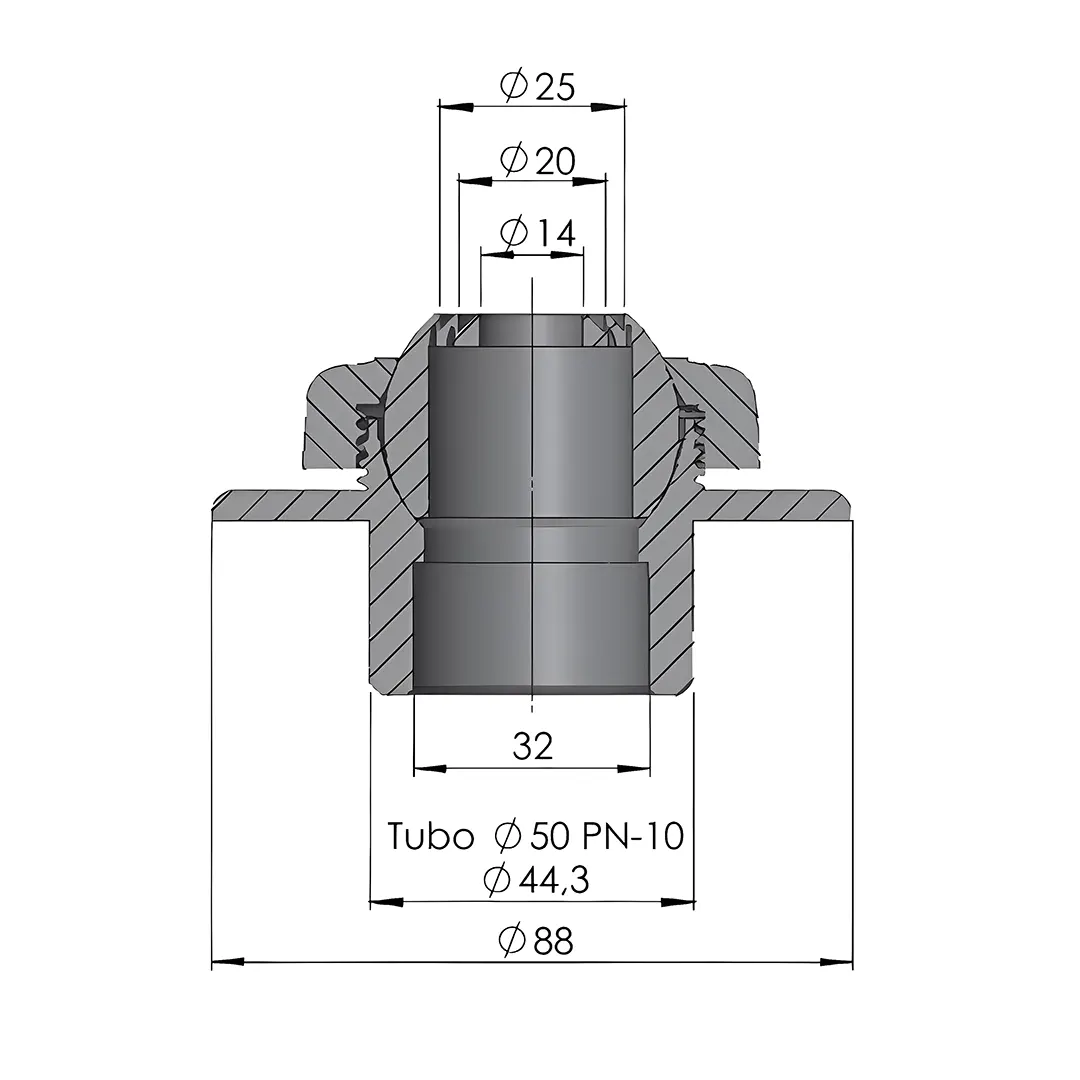 Στόμιο επιστροφής τοίχου Ø50 κολλητό για πισίνα με τεχνικές διαστάσεις