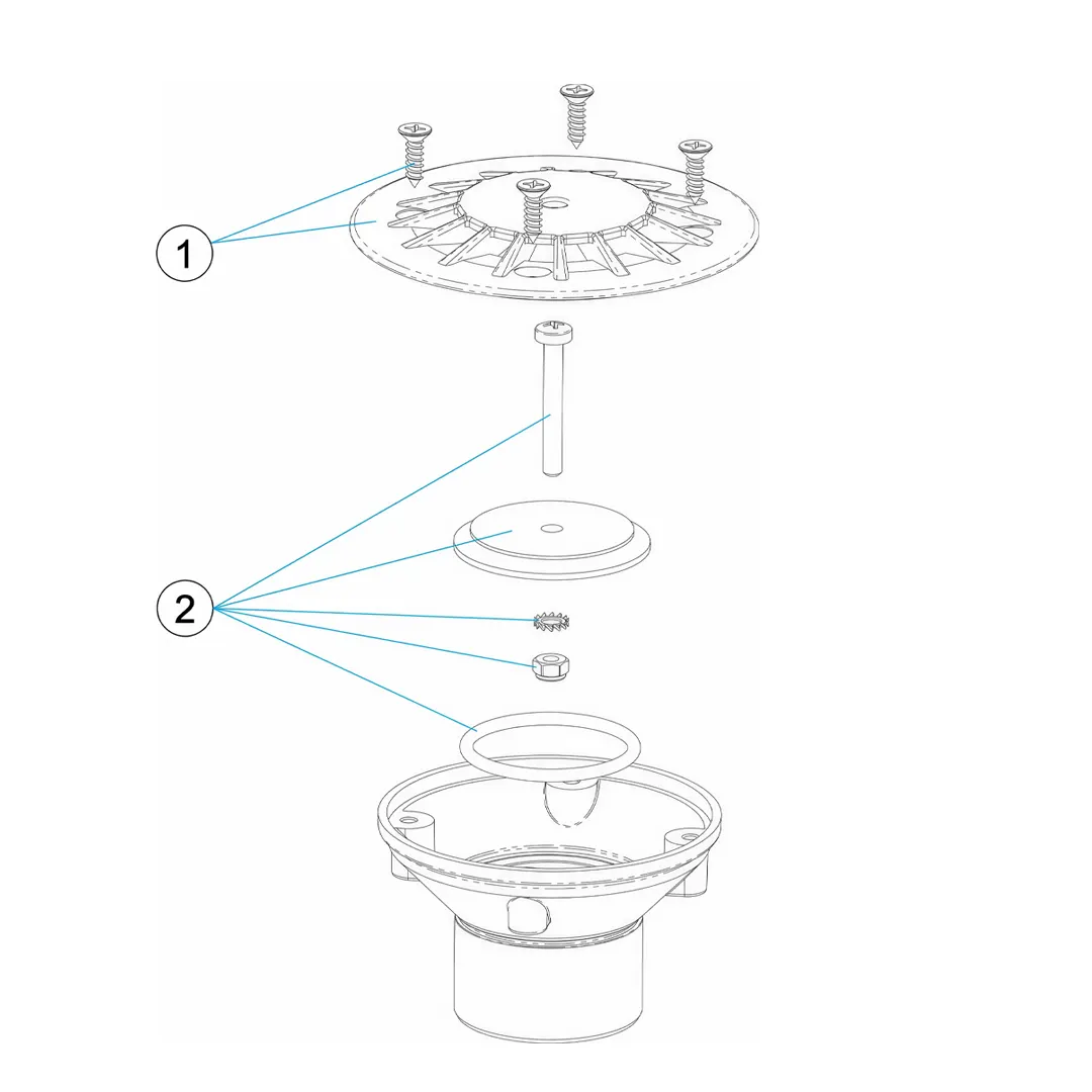 Σχέδιο έκρηξης εξαρτημάτων για στόμιο πυθμένα πισίνας Astral 2″ / Φ50 με όλα τα μέρη συναρμολόγησης.