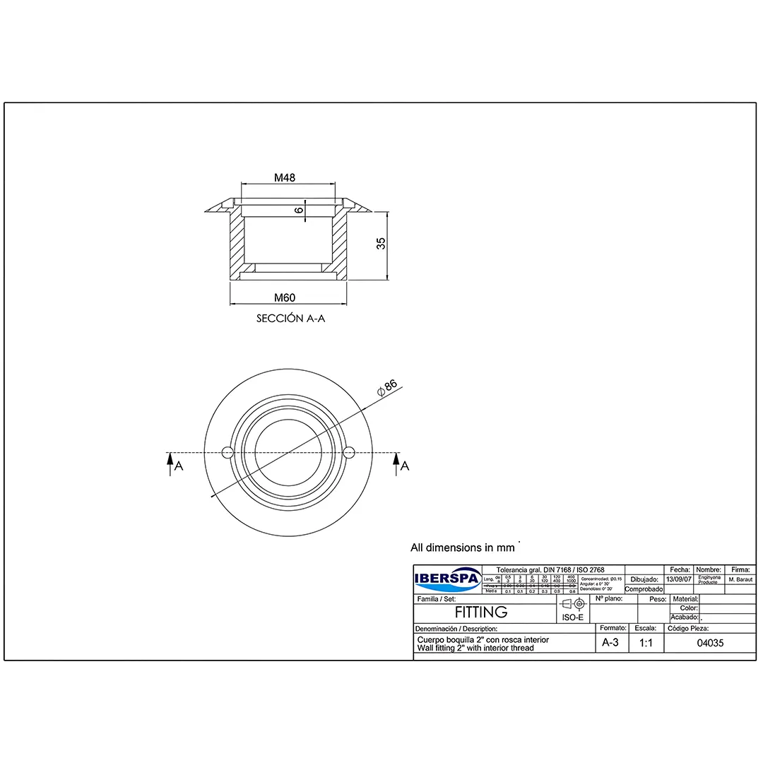 Τεχνικό σχέδιο και διαστάσεις για βιδωτό στόμιο υδρομασάζ